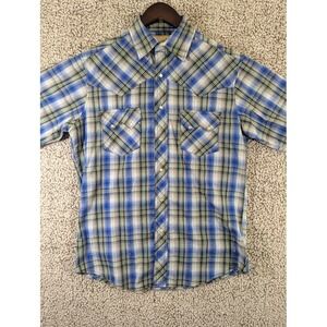 Wrangler Western Pearl‎ Snap Shirt Men's Medium Blue Plaid Chrome Stitching Nice